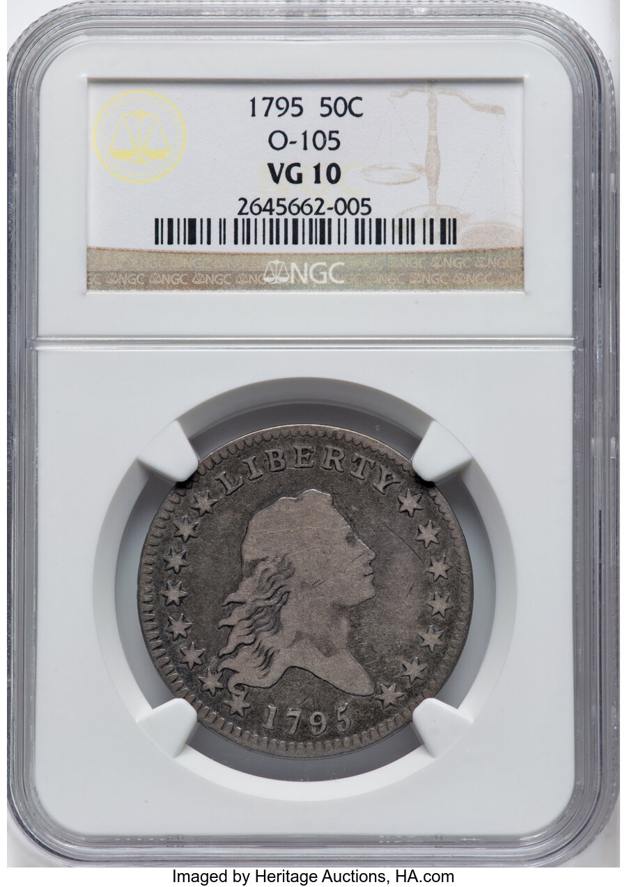 image for: 1795 50C Two Leaves, O-105, T-25, R.3, VG10 NGC. NGC Census: (3/14)....