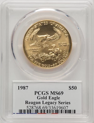 image for: 1987 $50 One-Ounce Gold Eagle, Reagan Legacy Series, Michael Reagan Signature, MS69 PCGS....