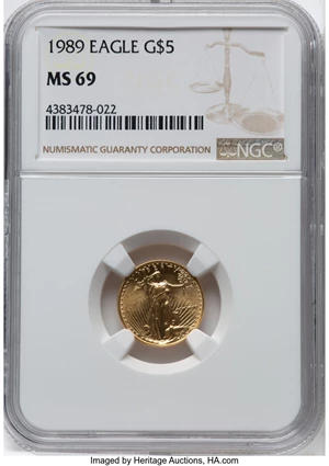 image for: 1989 $5 Tenth-Ounce Gold Eagle MS69 NGC. Mintage 264,790. ...