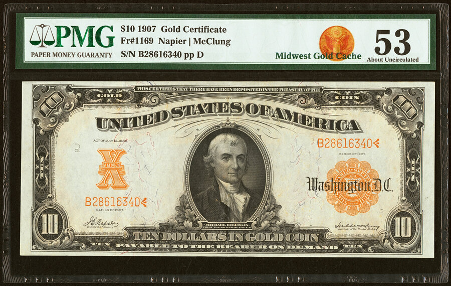 image for: Fr. 1169 $10 1907 Gold Certificate PMG About Uncirculated 53....
