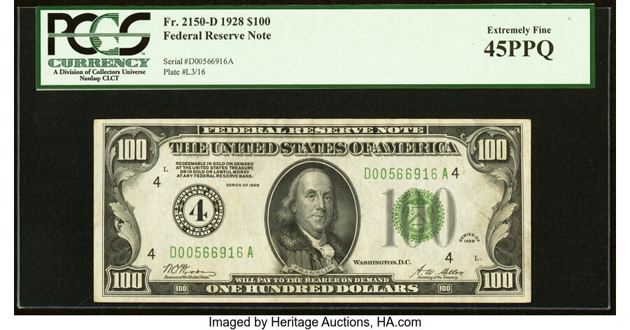 image for: Fr. 2150-D $100 1928 Federal Reserve Note. PCGS Extremely Fine 45PPQ....