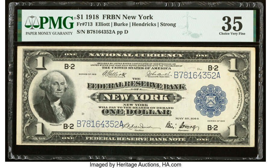 image for: Fr. 713 $1 1918 Federal Reserve Bank Note PMG Choice Very Fine 35....