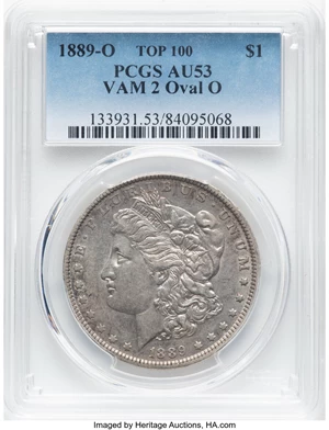 image for: 1889-O $1 Oval O, VAM-2, AU53 PCGS. A Top 100 Variety. PCGS Population: (15/57)....
