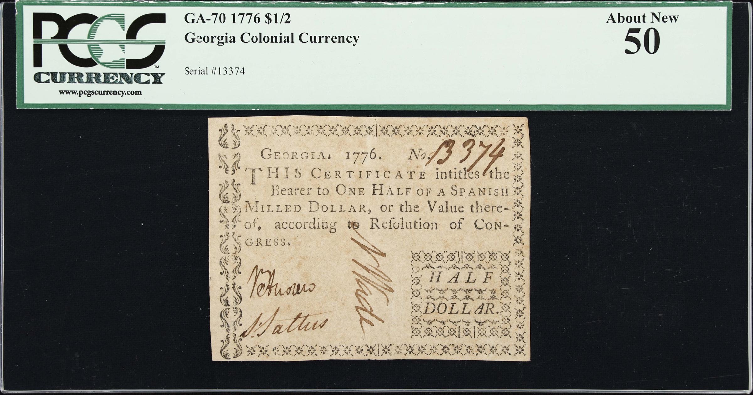 image for: GA-70. Georgia. 1776. $1/2. PCGS Currency About New 50.