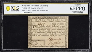 image for: MD-117. Maryland. June 28, 1780. $3. PCGS Banknote Gem Uncirculated 65 PPQ.