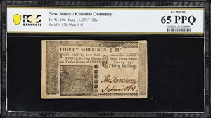 image for: NJ-106. New Jersey. June 14, 1757. 30 Shillings. PCGS Banknote Gem Uncirculated 65 PPQ.