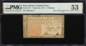 image for: NJ-177. New Jersey. March 25, 1776. 3 Shillings. PMG About Uncirculated 53. John Hart Signature.