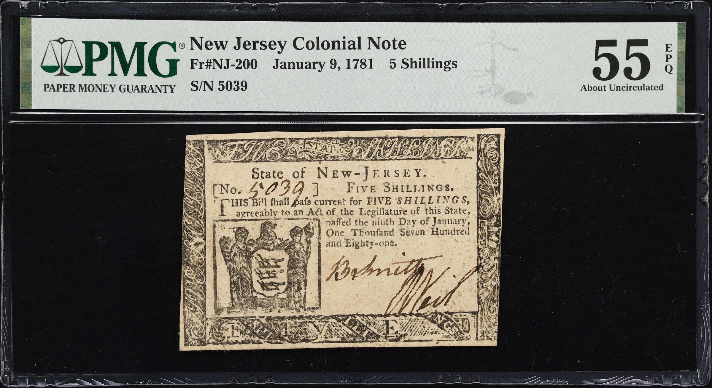 image for: NJ-200. New Jersey. January 9, 1781. 5 Shillings. PMG About Uncirculated 55 EPQ.