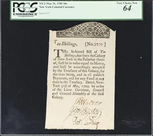 image for: NY-2. New York. May 31, 1709. 10 Shillings. PCGS Currency Very Choice New 64 Apparent. Minor Mounting Remnants on Back.