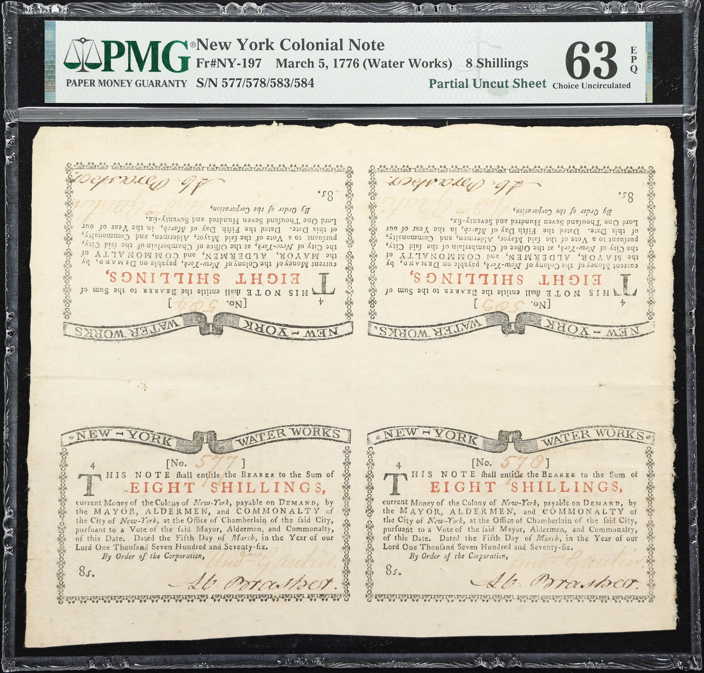 image for: Uncut Sheet of (4) NY-197. New York. March 5 ,1776. 8 Shillings. PMG Choice Uncirculated 63 EPQ. Partial Uncut Sheet.