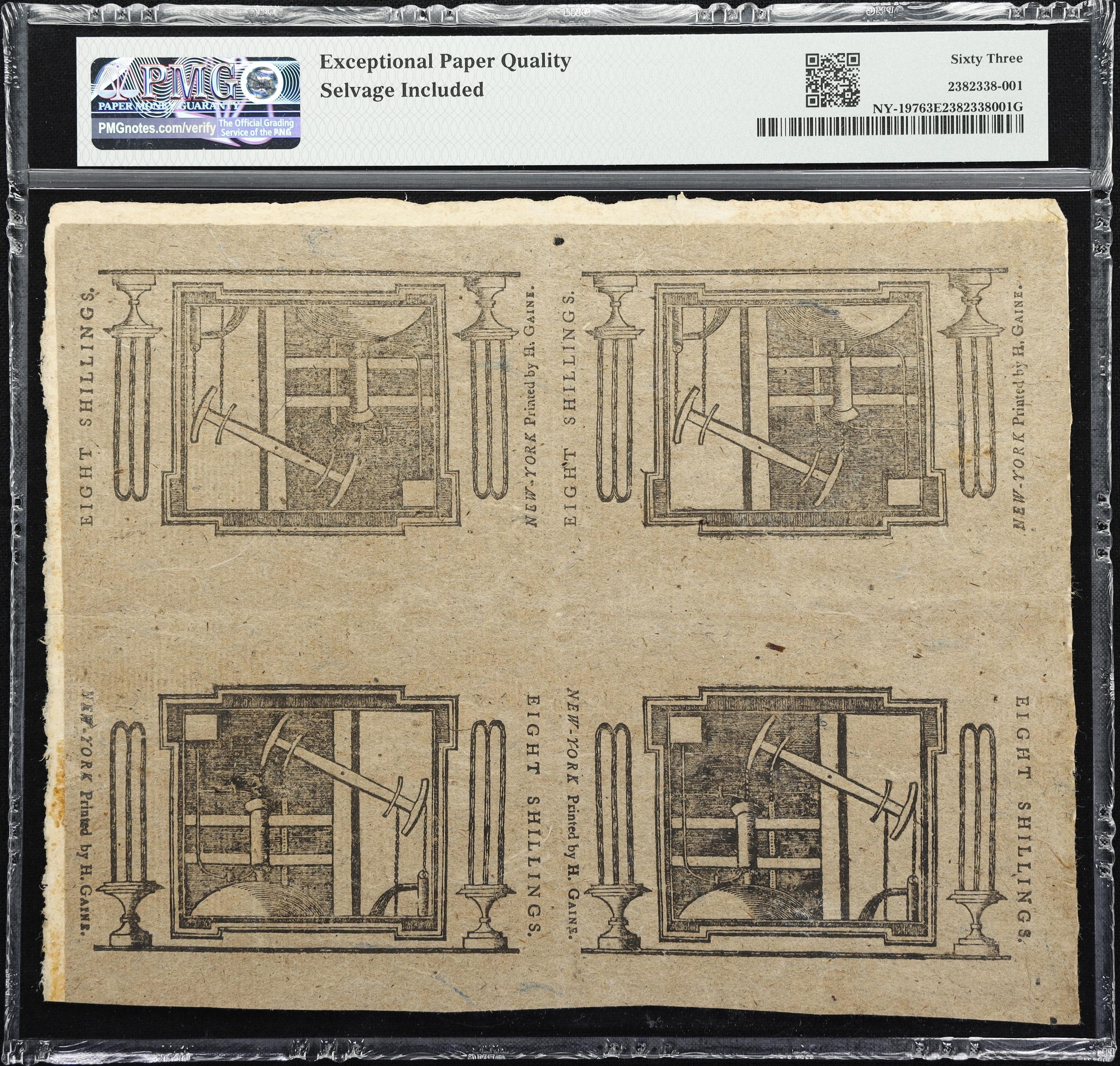 image for: Uncut Sheet of (4) NY-197. New York. March 5 ,1776. 8 Shillings. PMG Choice Uncirculated 63 EPQ. Partial Uncut Sheet.