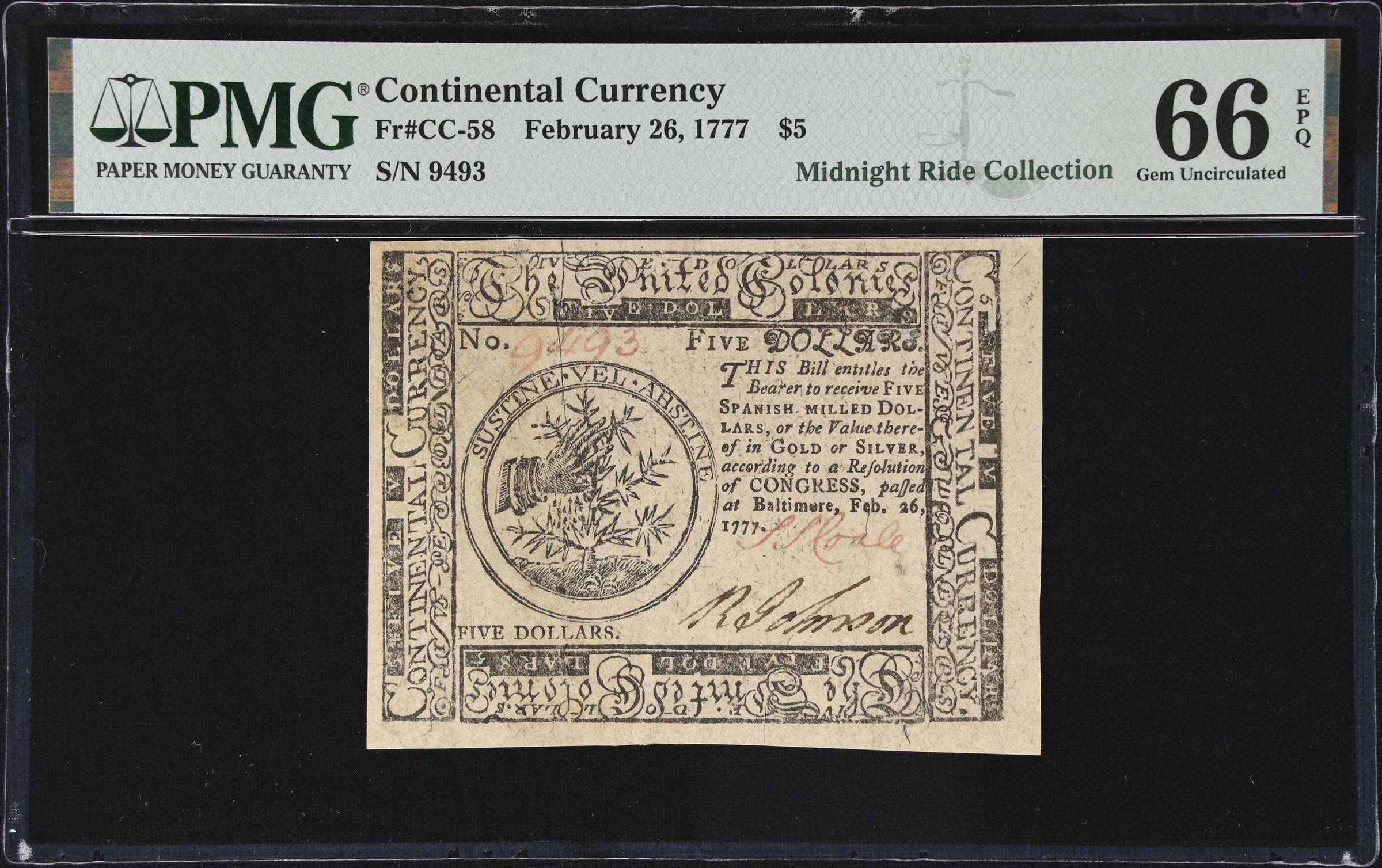image for: CC-58. Continental Currency. February 26, 1777. $5. PMG Gem Uncirculated 66 EPQ.