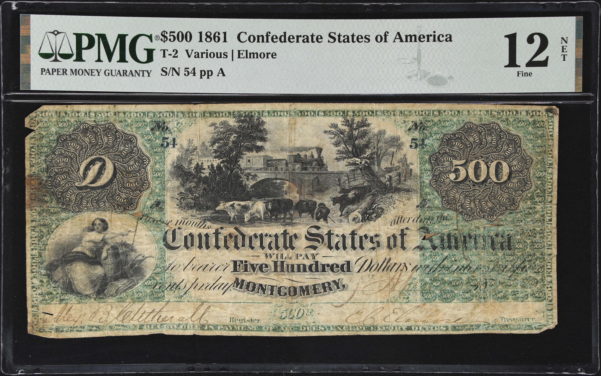 image for: T-2. Confederate Currency. 1861 $500. PMG Fine 12 Net. Cancelled; Repaired, Corner Tear.