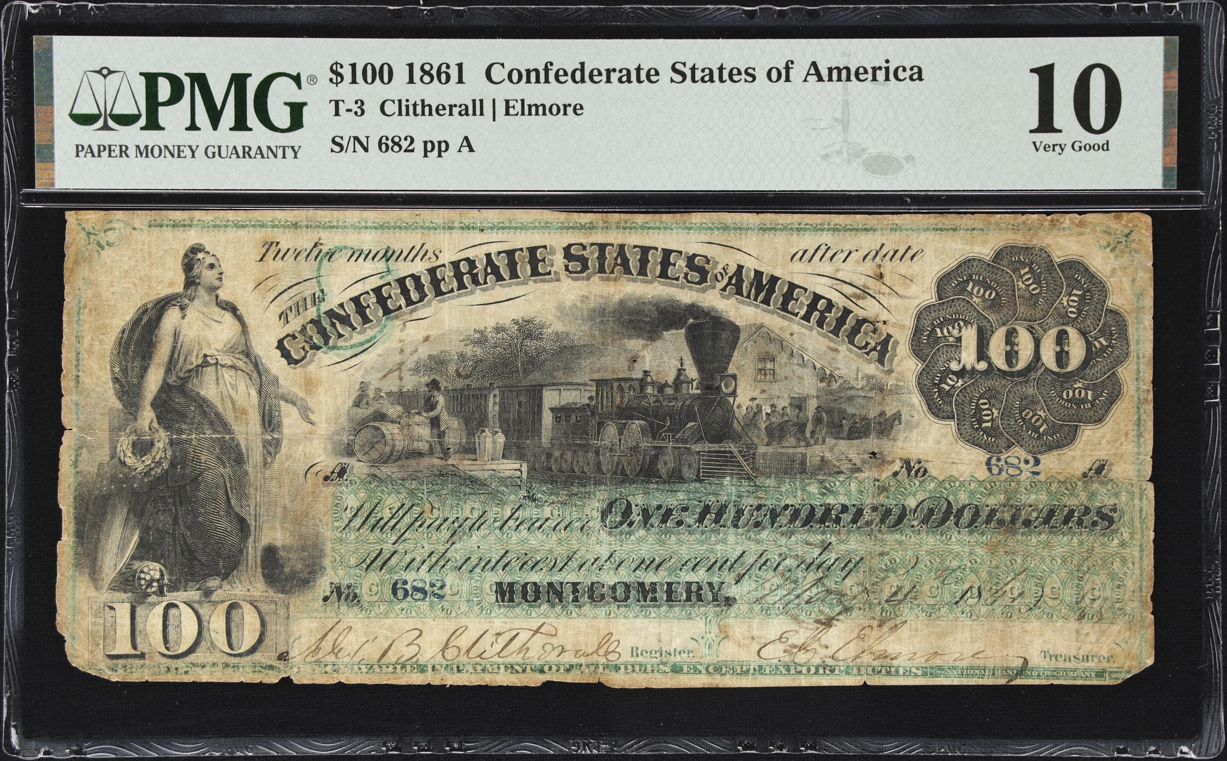 image for: T-3. Confederate Currency. 1861 $100. PMG Very Good 10.