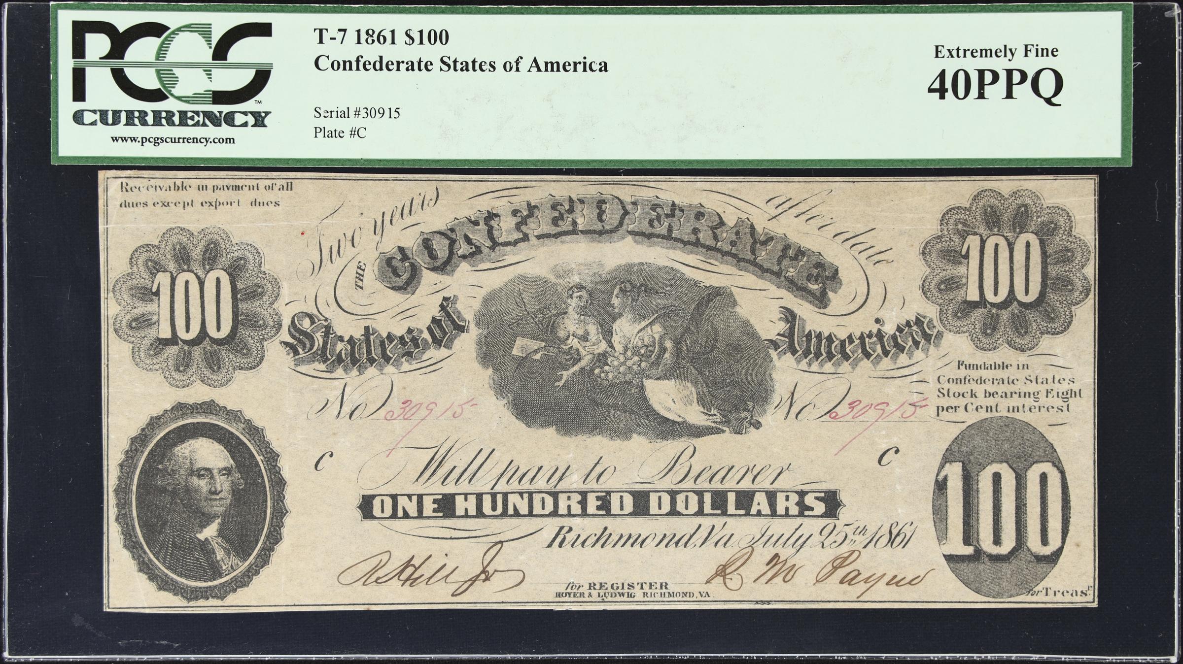 image for: T-7. Confederate Currency. 1861 $100. PCGS Currency Extremely Fine 40 PPQ.