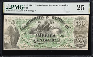 image for: T-17. Confederate Currency. 1861 $20. PMG Very Fine 25.