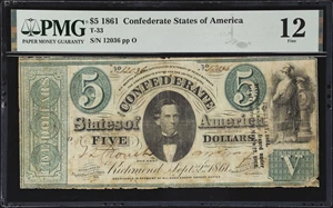 image for: T-33. Confederate Currency. 1861 $5. PMG Fine 12. Trans-Mississippi Issue.