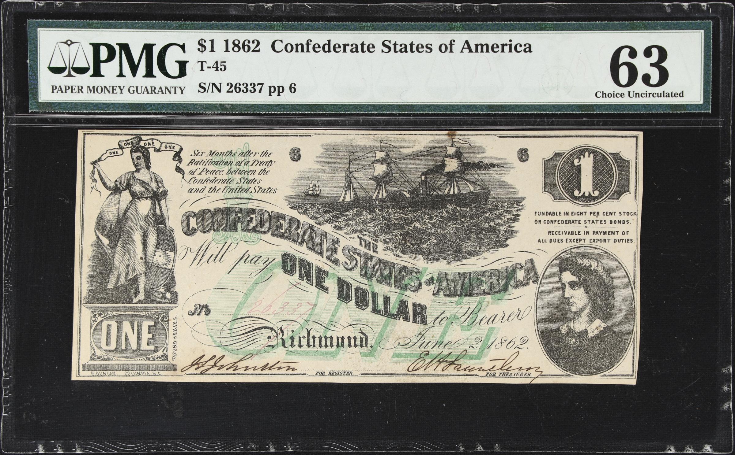 image for: T-45. Confederate Currency. 1862 $1. PMG Choice Uncirculated 63.