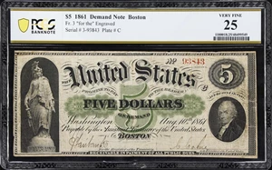 image for: Fr. 3. 1861 $5 Demand Note. PCGS Banknote Very Fine 25.