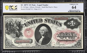 image for: Fr. 26. 1875 $1 Legal Tender Note. PCGS Banknote Choice Uncirculated 64.