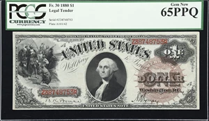 image for: Fr. 30. 1880 $1 Legal Tender Note. PCGS Currency Gem New 65 PPQ.
