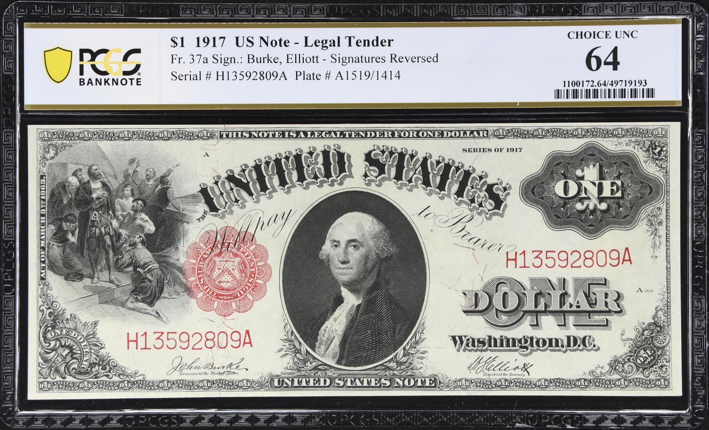 image for: Fr. 37a. 1917 $1 Legal Tender Note. PCGS Banknote Choice Uncirculated 64. Signatures Reversed.