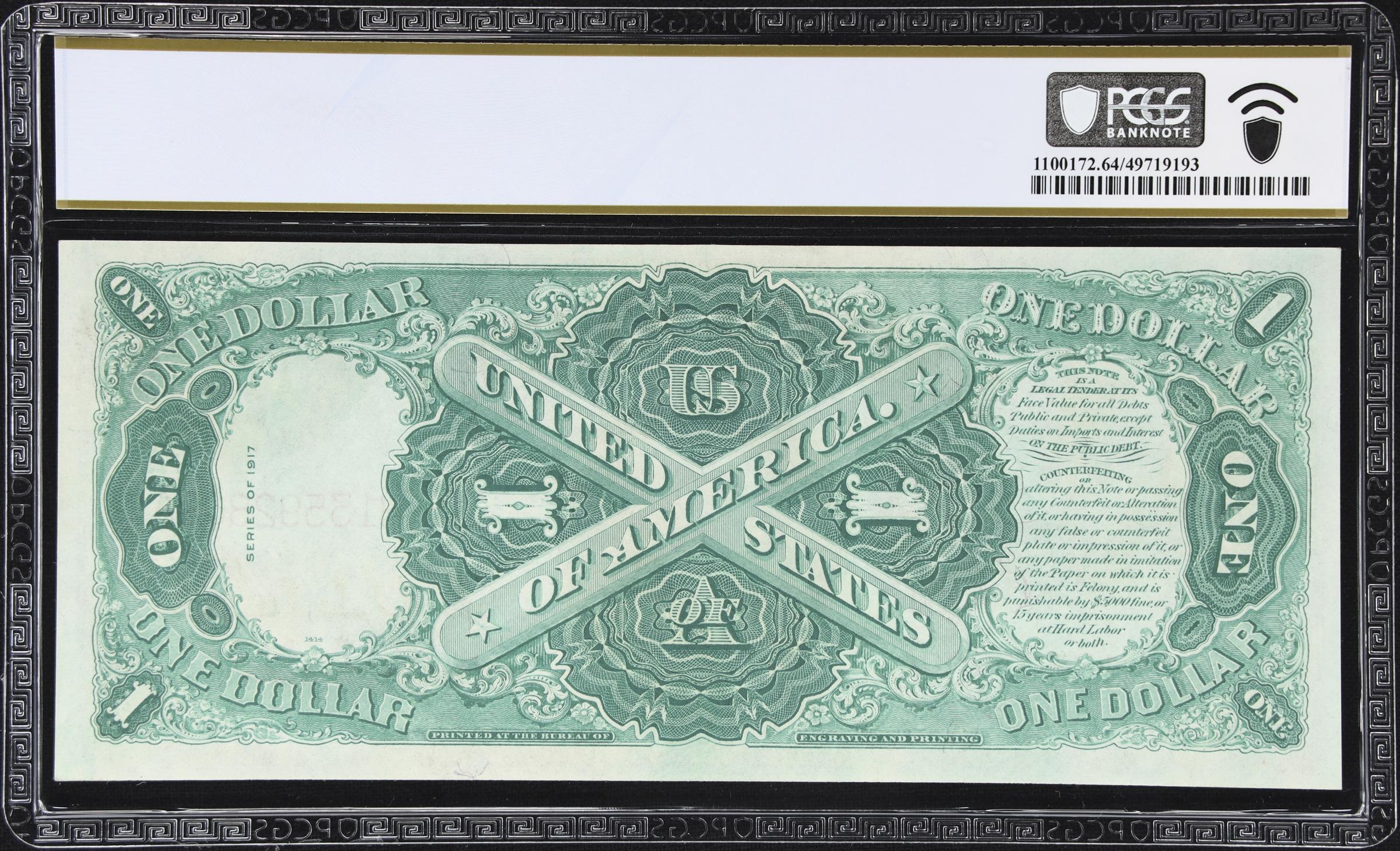 image for: Fr. 37a. 1917 $1 Legal Tender Note. PCGS Banknote Choice Uncirculated 64. Signatures Reversed.