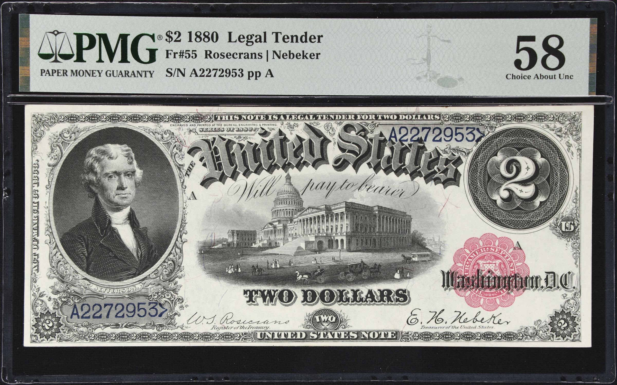 image for: Fr. 55. 1880 $2 Legal Tender Note. PMG Choice About Uncirculated 58.