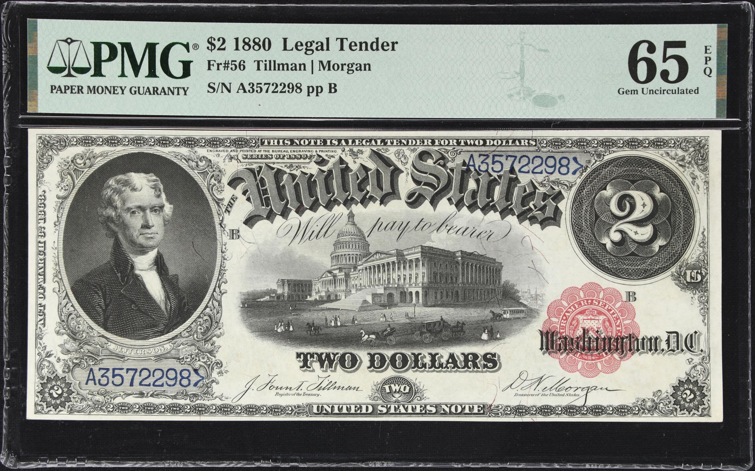 image for: Fr. 56. 1880 $2 Legal Tender Note. PMG Gem Uncirculated 65 EPQ.