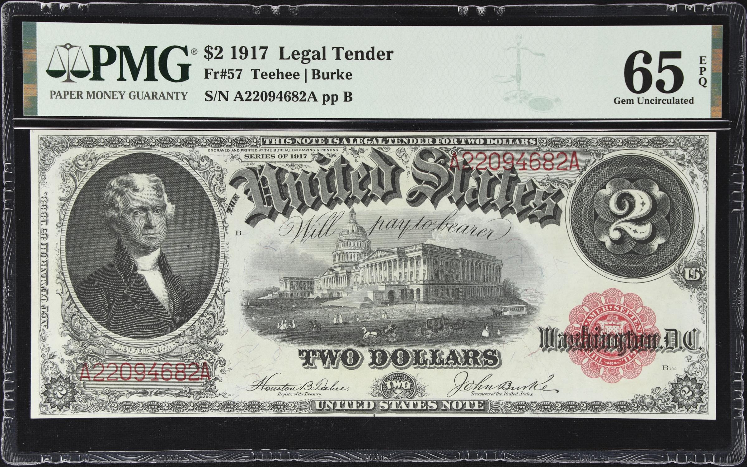 image for: Fr. 57. 1917 $2 Legal Tender Note. PMG Gem Uncirculated 65 EPQ.