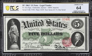 image for: Fr. 63a. 1863 $5 Legal Tender Note. PCGS Banknote Choice Uncirculated 64.