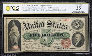 image for: Fr. 63b. 1863 $5 Legal Tender Note. PCGS Banknote Very Fine 25.