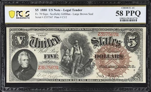 image for: Fr. 70. 1880 $5 Legal Tender Note. PCGS Banknote Choice About Uncirculated 58 PPQ.
