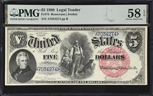 image for: Fr. 74. 1880 $5 Legal Tender Note. PMG Choice About Uncirculated 58 EPQ.