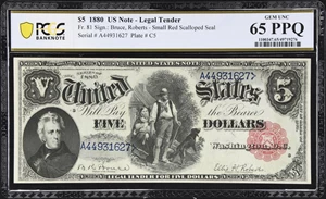 image for: Fr. 81. 1880 $5 Legal Tender Note. PCGS Banknote Gem Uncirculated 65 PPQ.