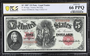 image for: Fr. 84. 1907 $5 Legal Tender Note. PCGS Banknote Gem Uncirculated 66 PPQ.