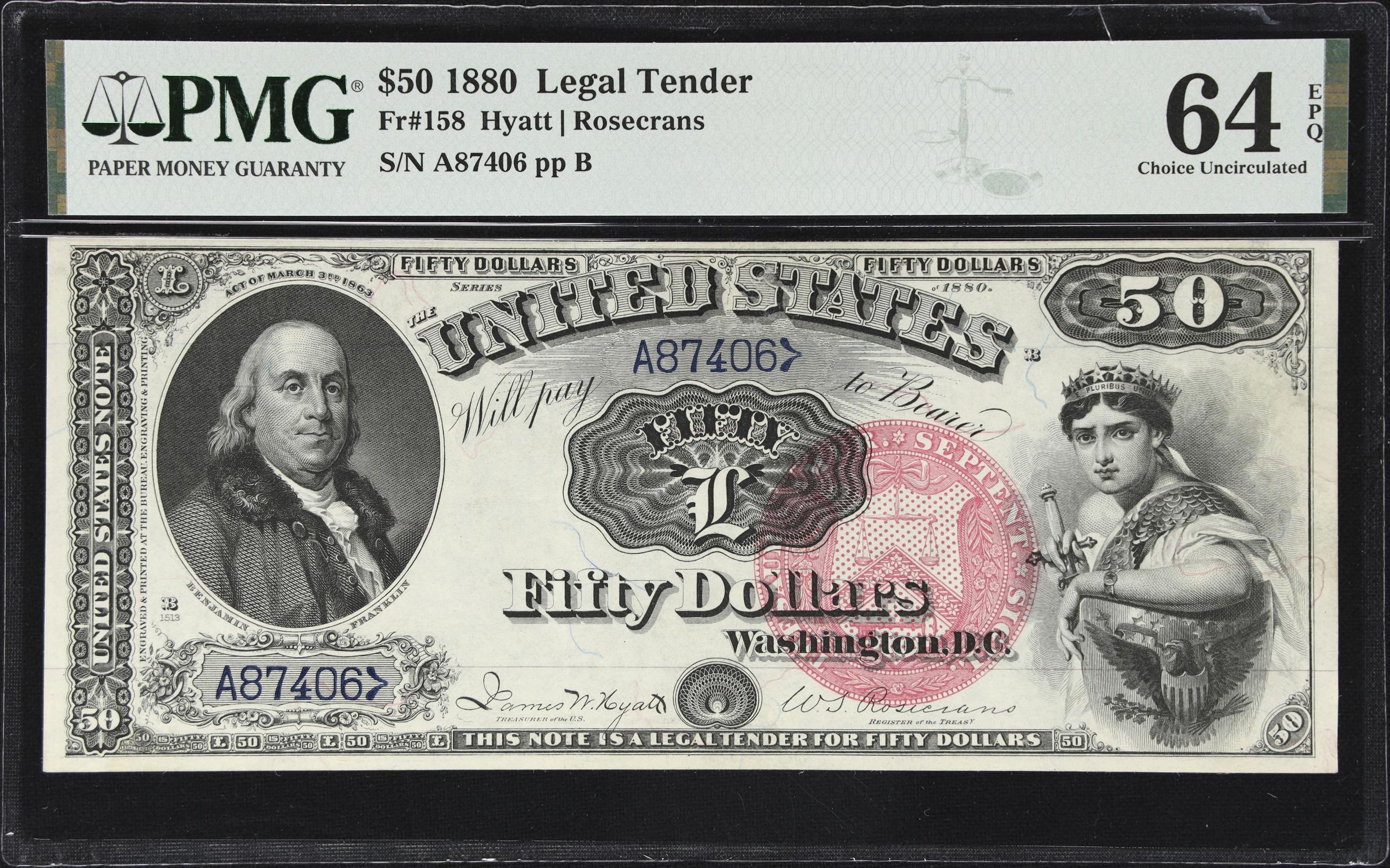 image for: Fr. 158. 1880 $50 Legal Tender Note. PMG Choice Uncirculated 64 EPQ.