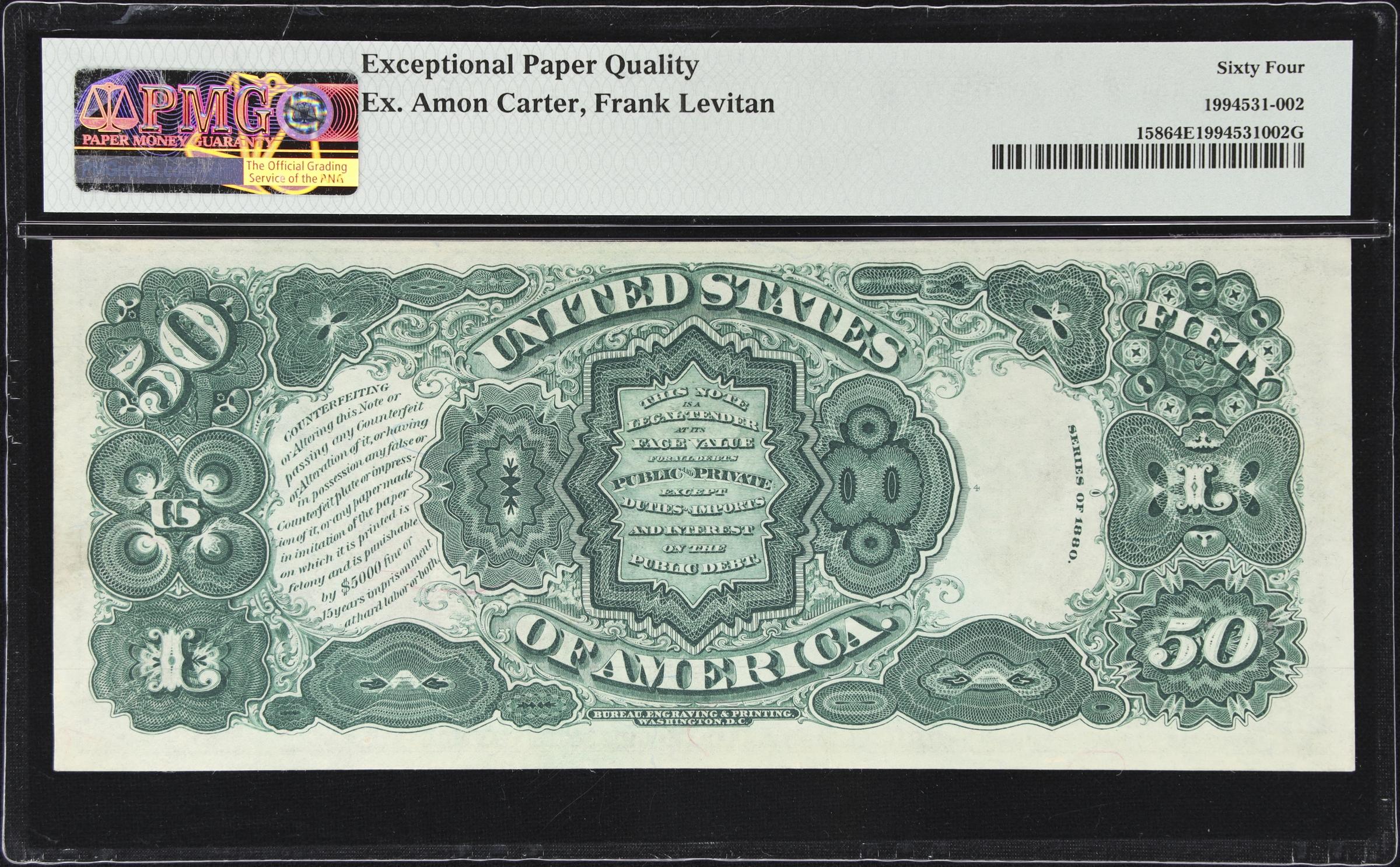image for: Fr. 158. 1880 $50 Legal Tender Note. PMG Choice Uncirculated 64 EPQ.