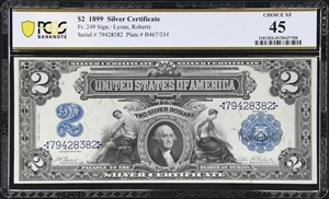 image for: Fr. 249. 1899 $2 Silver Certificate. PCGS Banknote Choice Extremely Fine 45.