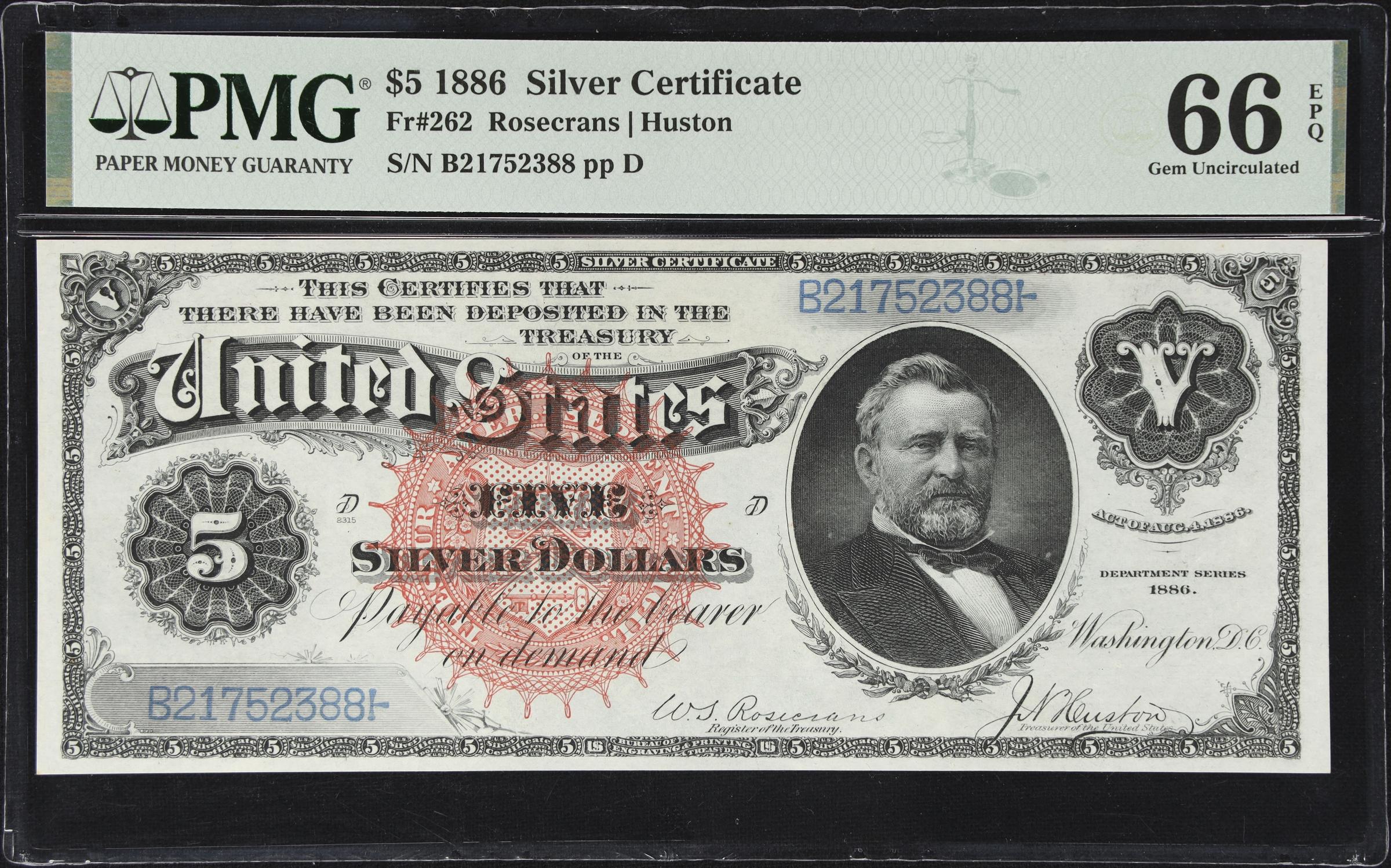 image for: Fr. 262. 1886 $5 Silver Certificate. PMG Gem Uncirculated 66 EPQ.