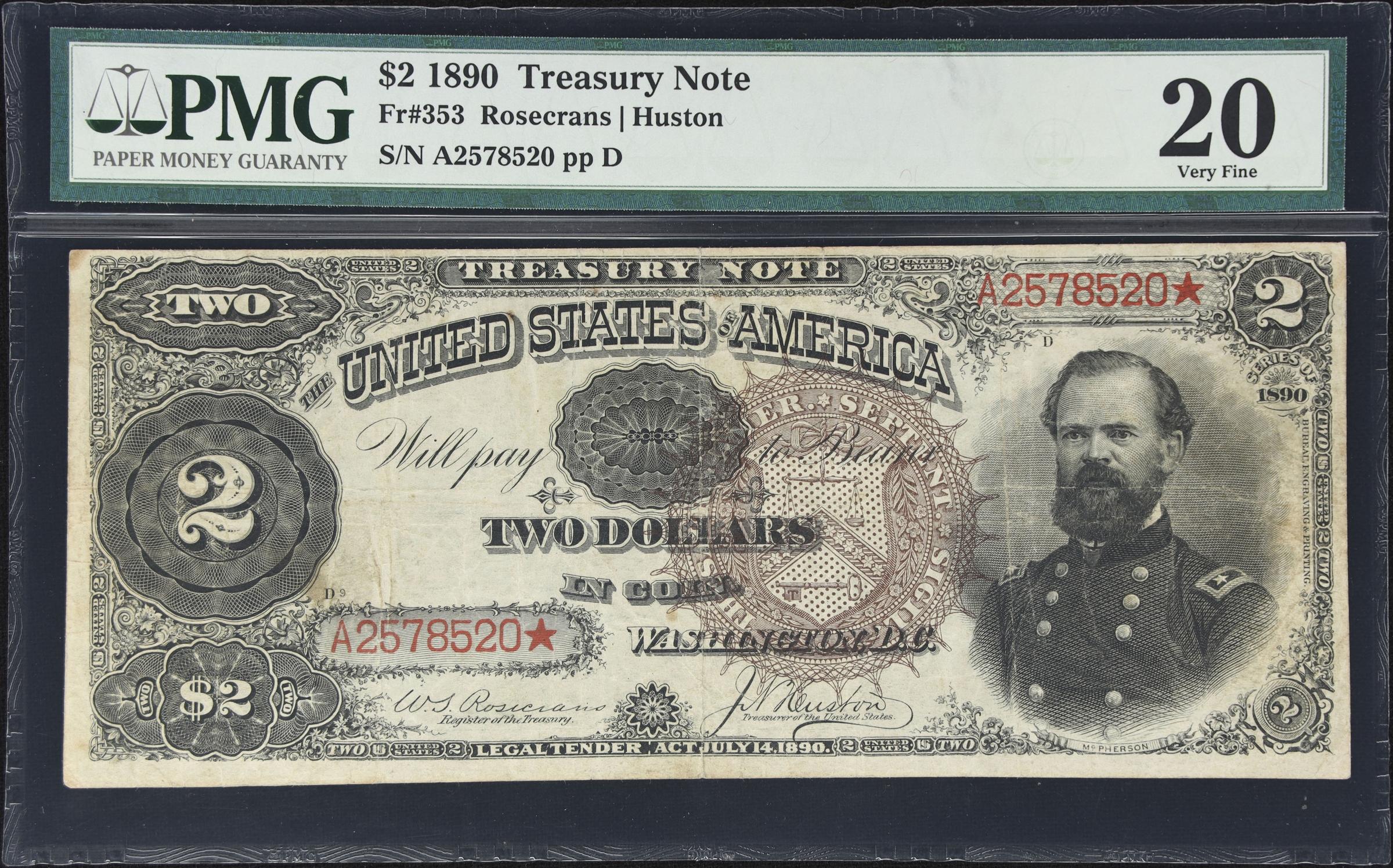 image for: Fr. 353. 1890 $2 Treasury Note. PMG Very Fine 20.
