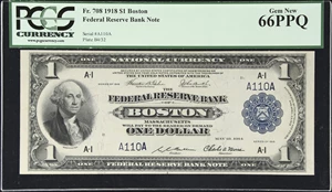 image for: Fr. 708. 1918 $1 Federal Reserve Bank Note. Boston. PCGS Currency Gem New 66 PPQ. Low Serial Number.