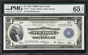image for: Fr. 711. 1918 $1 Federal Reserve Bank Note. New York. PMG Gem Uncirculated 65 EPQ.