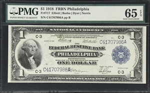 image for: Fr. 717. 1918 $1 Federal Reserve Bank Note. Philadelphia. PMG Gem Uncirculated 65 EPQ.