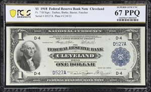 image for: Fr. 718. 1918 $1 Federal Reserve Bank Note. Cleveland. PCGS Banknote Superb Gem Uncirculated 67 PPQ.