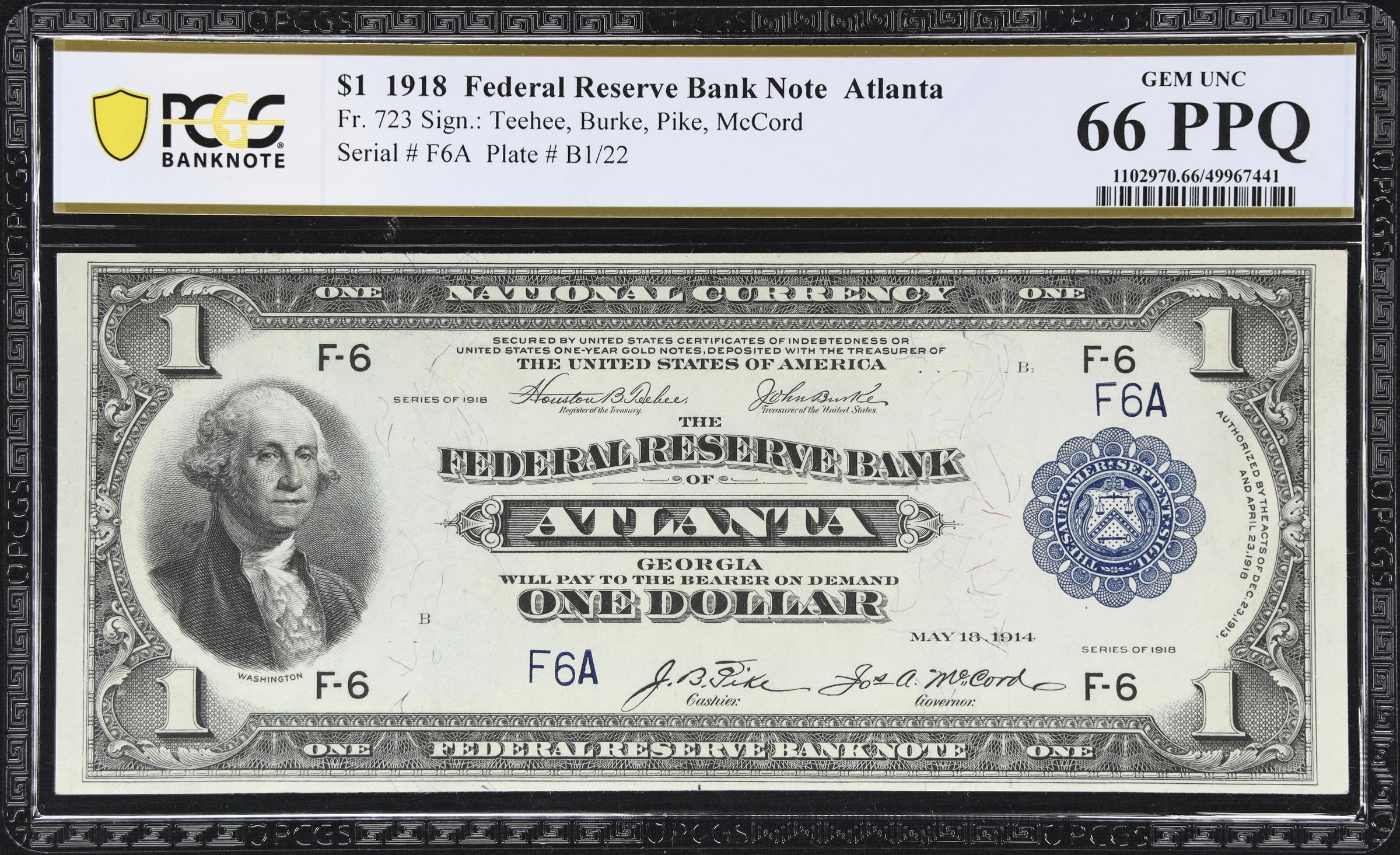 image for: Fr. 723. 1918 $1 Federal Reserve Bank Note. Atlanta. PCGS Banknote Gem Uncirculated 66 PPQ. Serial Number 6.