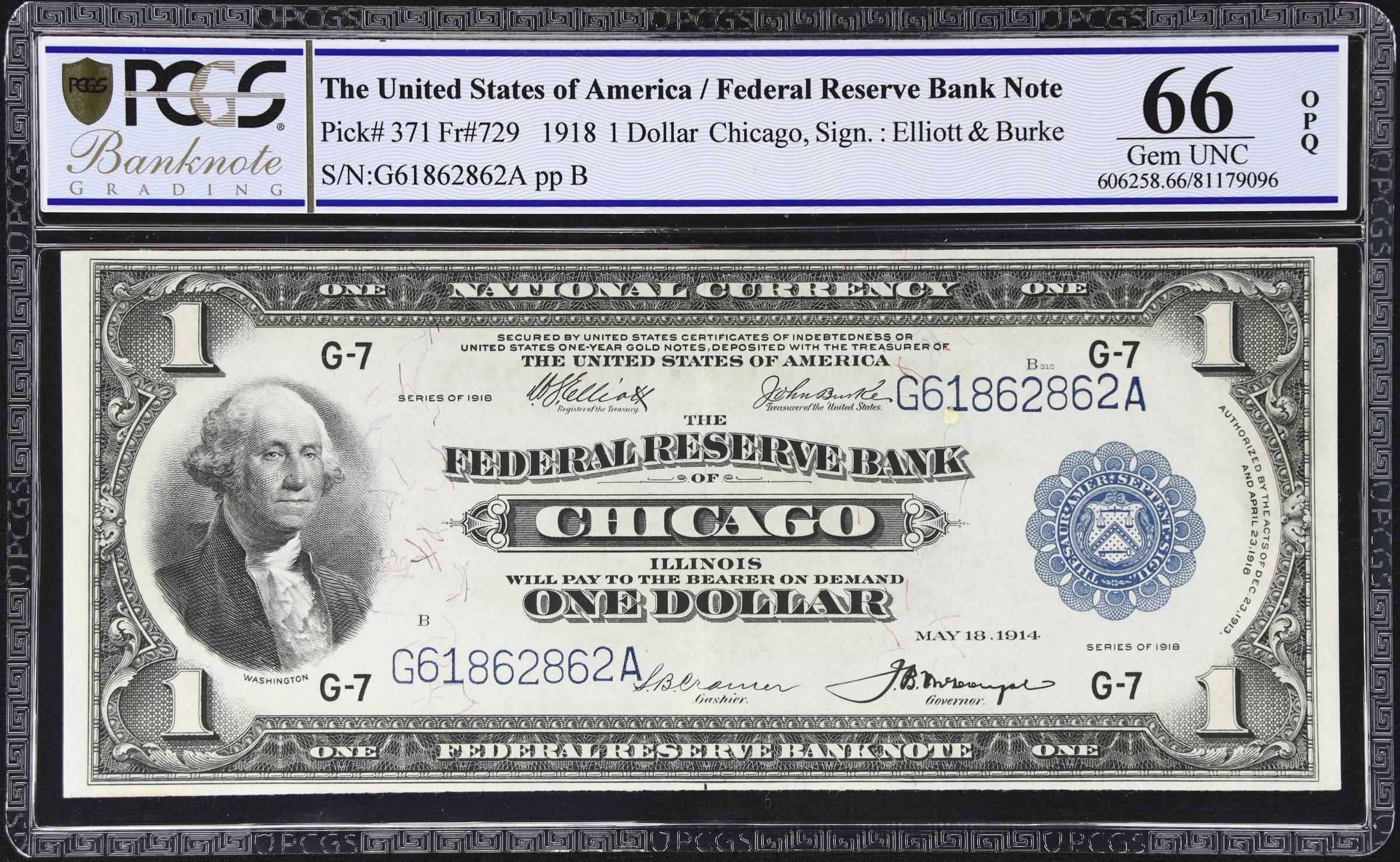 image for: Fr. 729. 1918 $1 Federal Reserve Bank Note. Chicago. PCGS Banknote Grading Gem Uncirculated 66 OPQ.