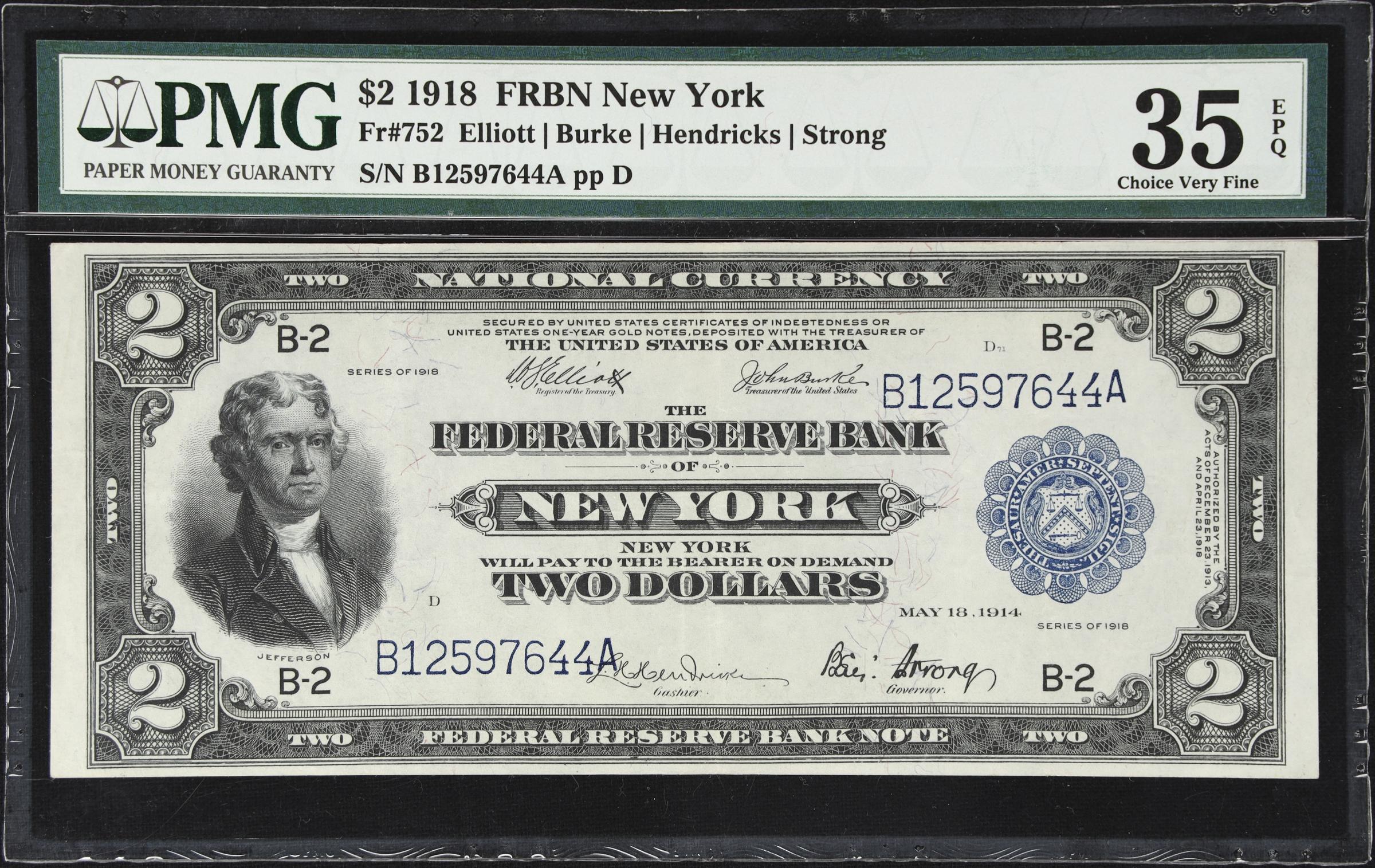image for: Fr. 752. 1918 $2 Federal Reserve Bank Note. New York. PMG Choice Very Fine 35 EPQ.