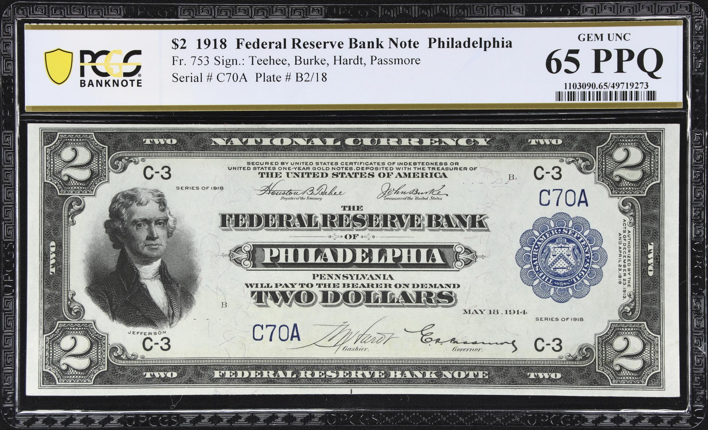 image for: Fr. 753. 1918 $2 Federal Reserve Bank Note. Philadelphia. PCGS Banknote Gem Uncirculated 65 PPQ. Low Serial Number.