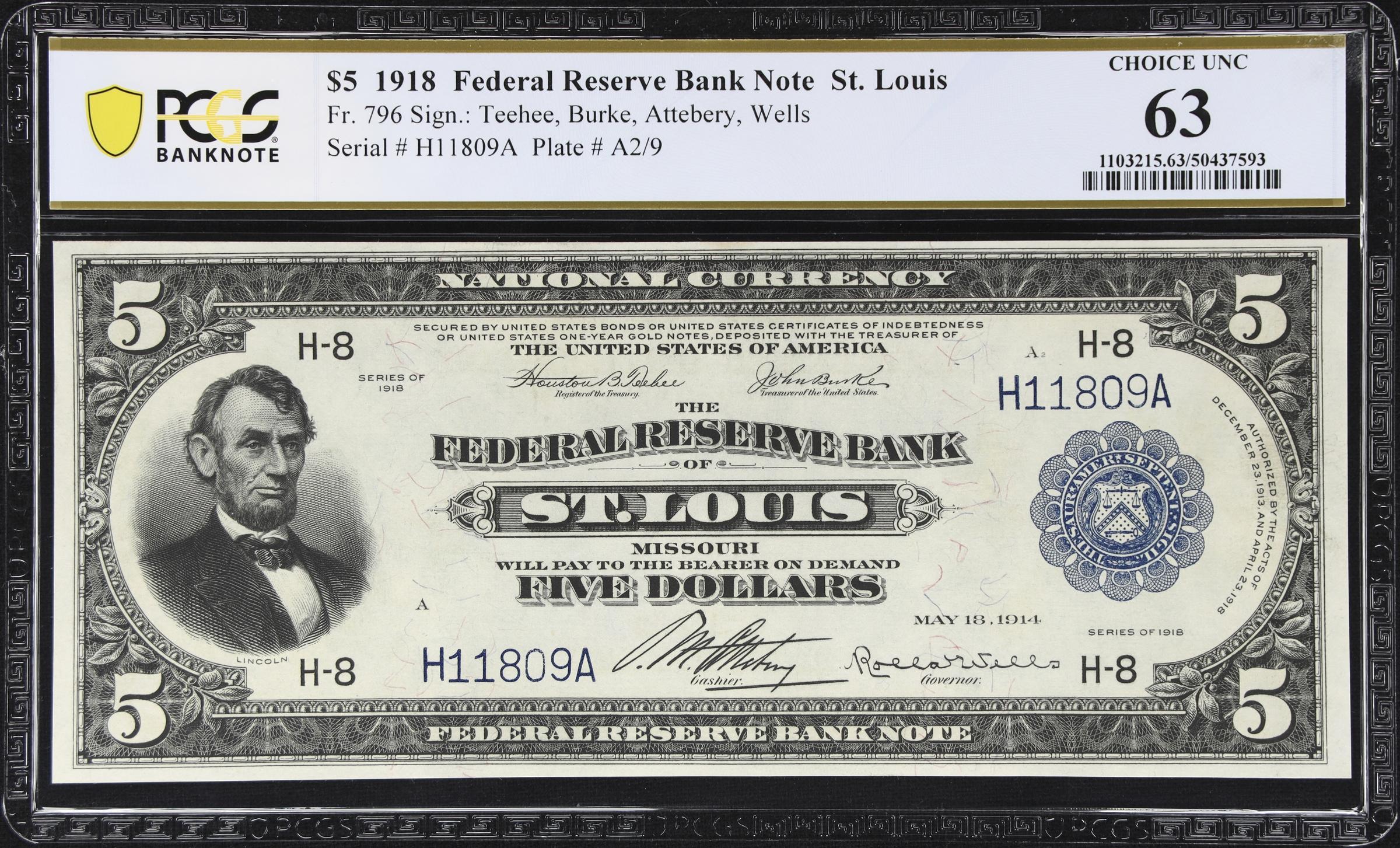 image for: Fr. 796. 1918 $5 Federal Reserve Bank Note. St. Louis. PCGS Banknote Choice Uncirculated 63.